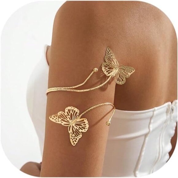 Elegant Gold Butterfly Cuff Bracelet - Adjustable Floral Arm Jewelry for Women - Picture 1 of 9